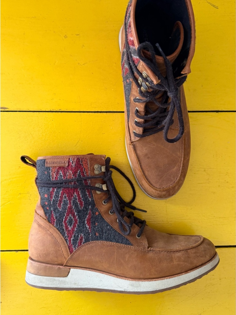 Merrell Brown Leather Boots with Red & Gray Patterned Panels
